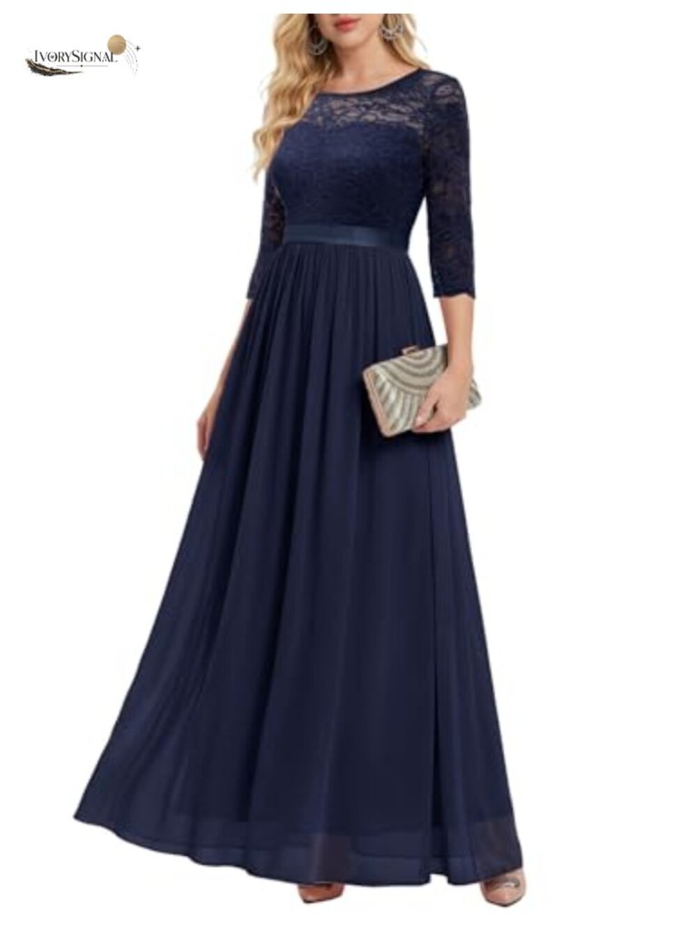 Women's Long Sleeve Formal Wedding Guest A-Line Maxi Dress Boat Neck Lace